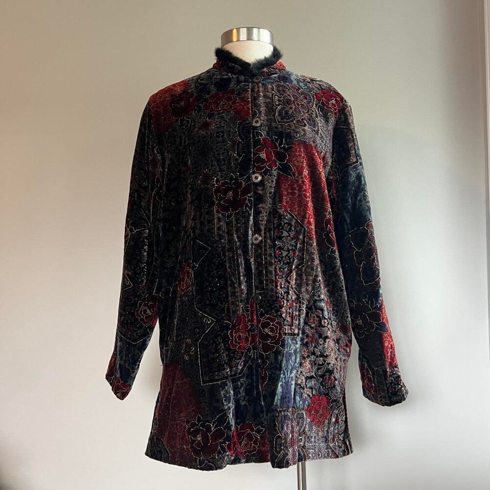 Black and red velvet ong sleeve button up jacket with floral and paisley pattern